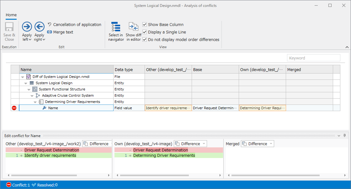Conflict analysis window configuration