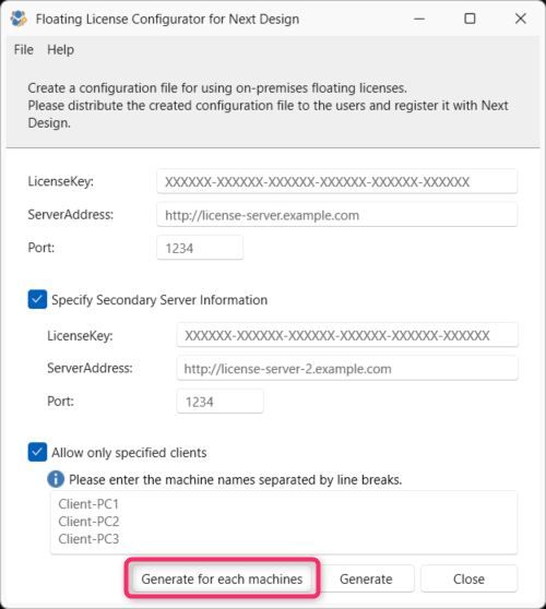 Create each machine license setting file