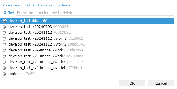 Delete branch selection finder popup