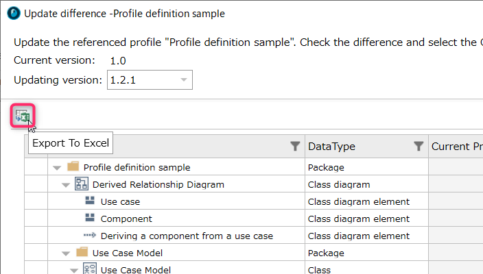 Excel export of update change differences