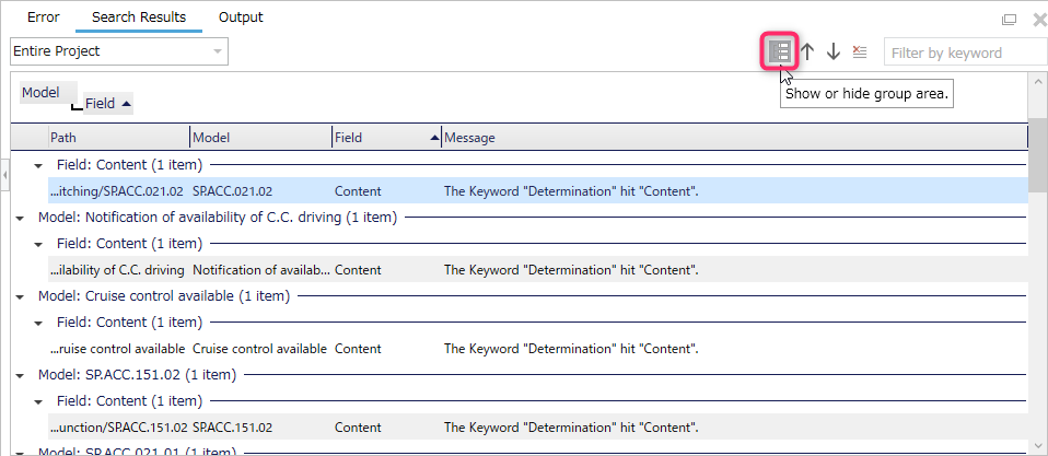 Grouping of errors and search results