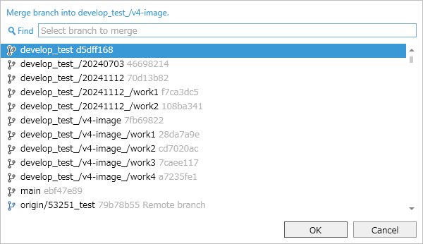 Merge destination branch selection finder popup