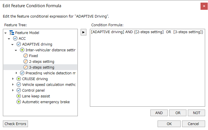 Screen image of feature conditional formula
