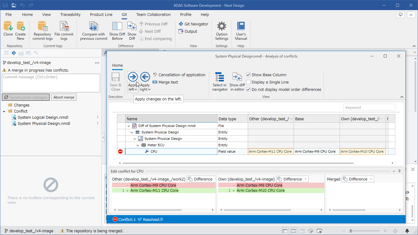 Select the changes to apply for each conflict individually